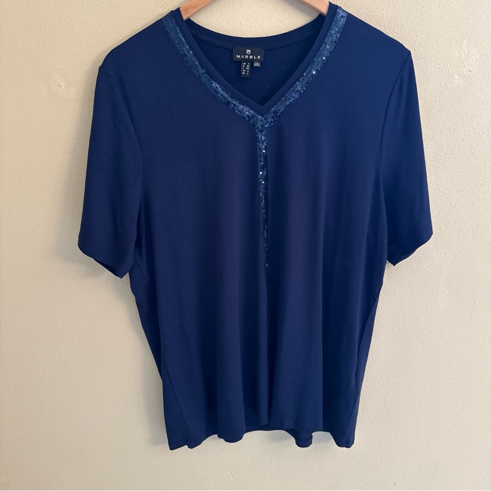 MARBLE Size Large Navy Blue Sequin T Shirt Top Office Party European UK
